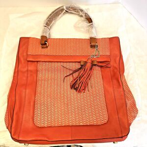 Nanette Lepore Coral Woven Textured Multipockets Leather Tote Bag $280 New